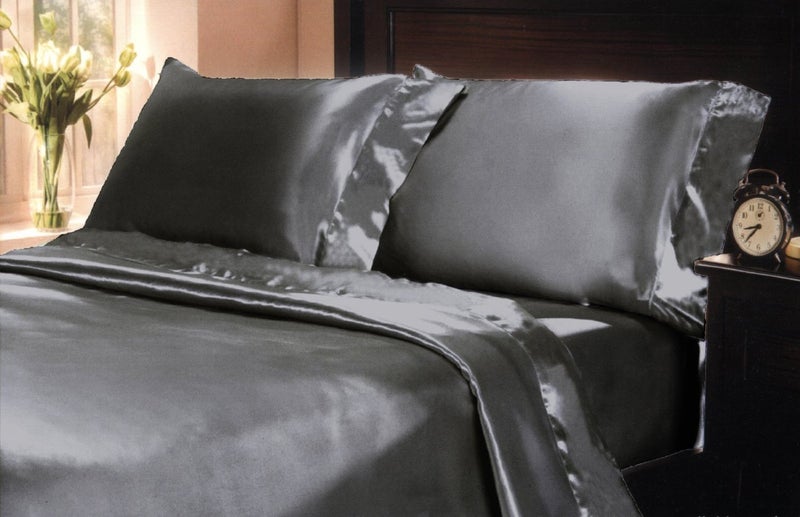 MK Home Mk Collection 4pc California King Soft Silky Satin Solid Dark Gray/Charcoal Deep Pocket Sheet Set New - Image 2